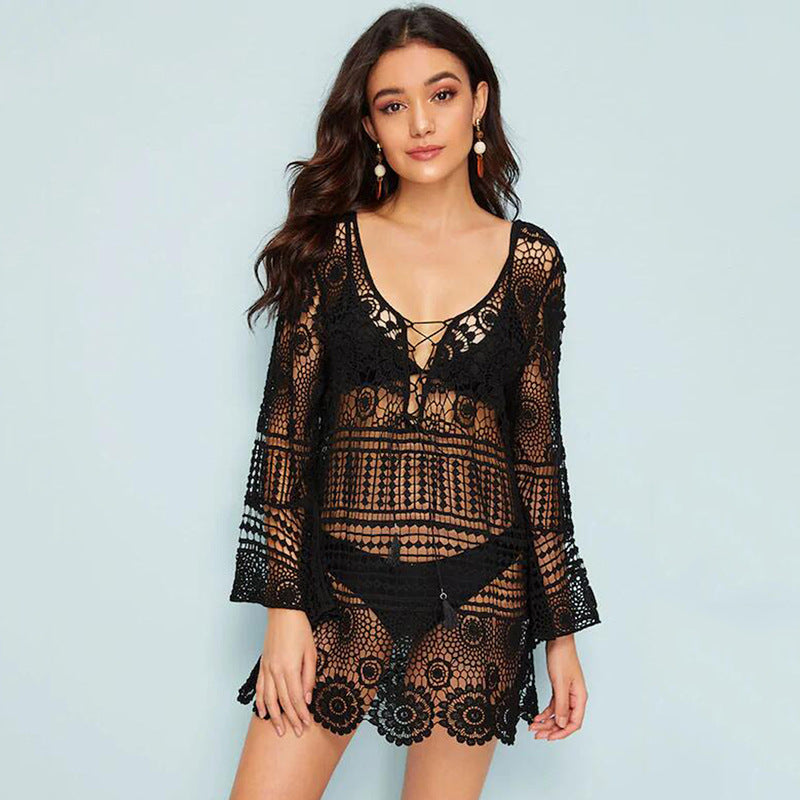 Bell Sleeve Water Soluble Hollow Out Cutout Loose Beach Cover Up Sun Proof Vacation Beach Dress Women Swimsuit Outer Wear
