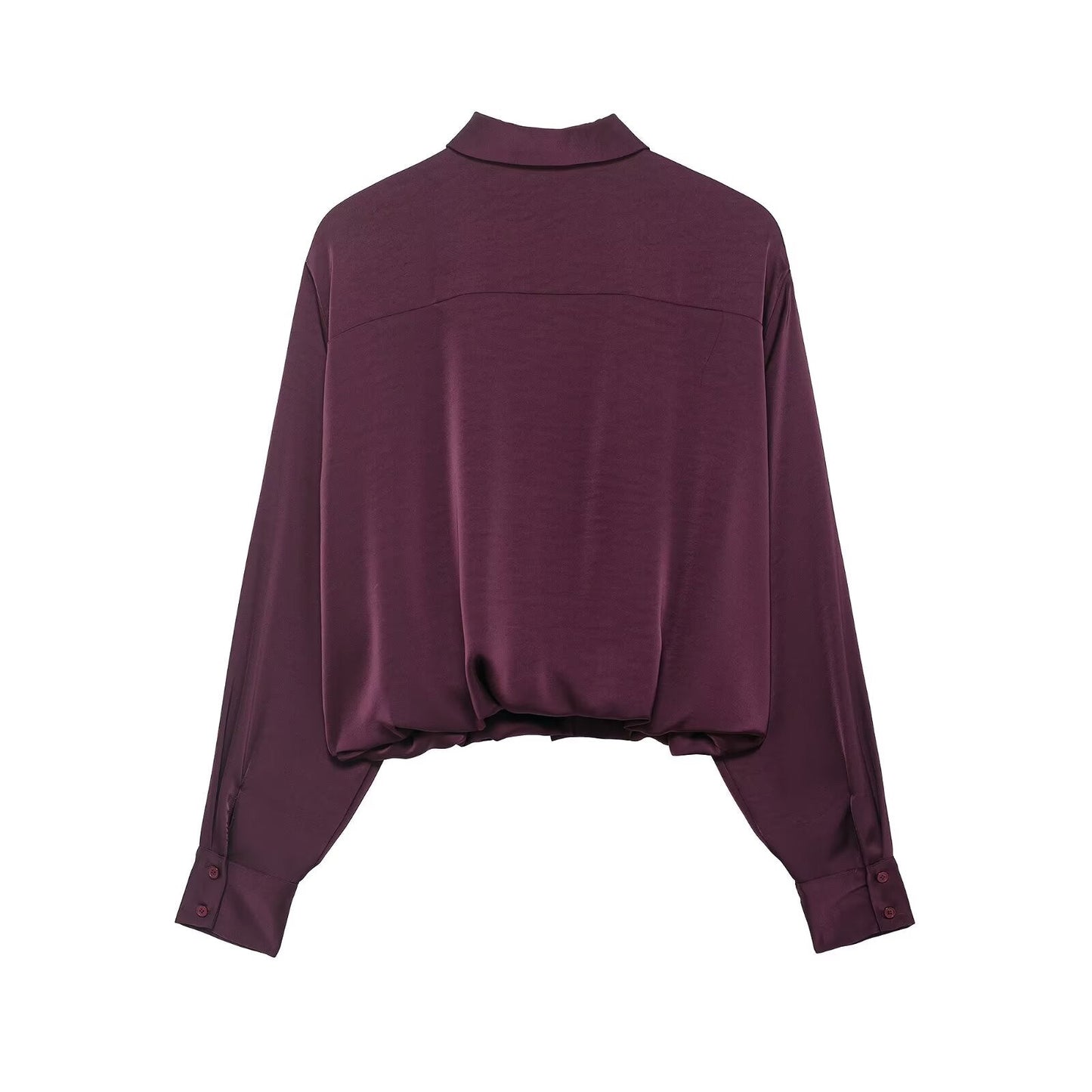 Women Clothing Autumn Retro Easy Matching Wine Red Satin Short Shirt