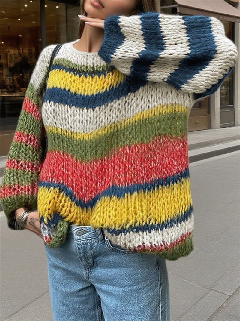 Women Clothing Sweater Rainbow Striped Knitted Pullover Retro Loose Street