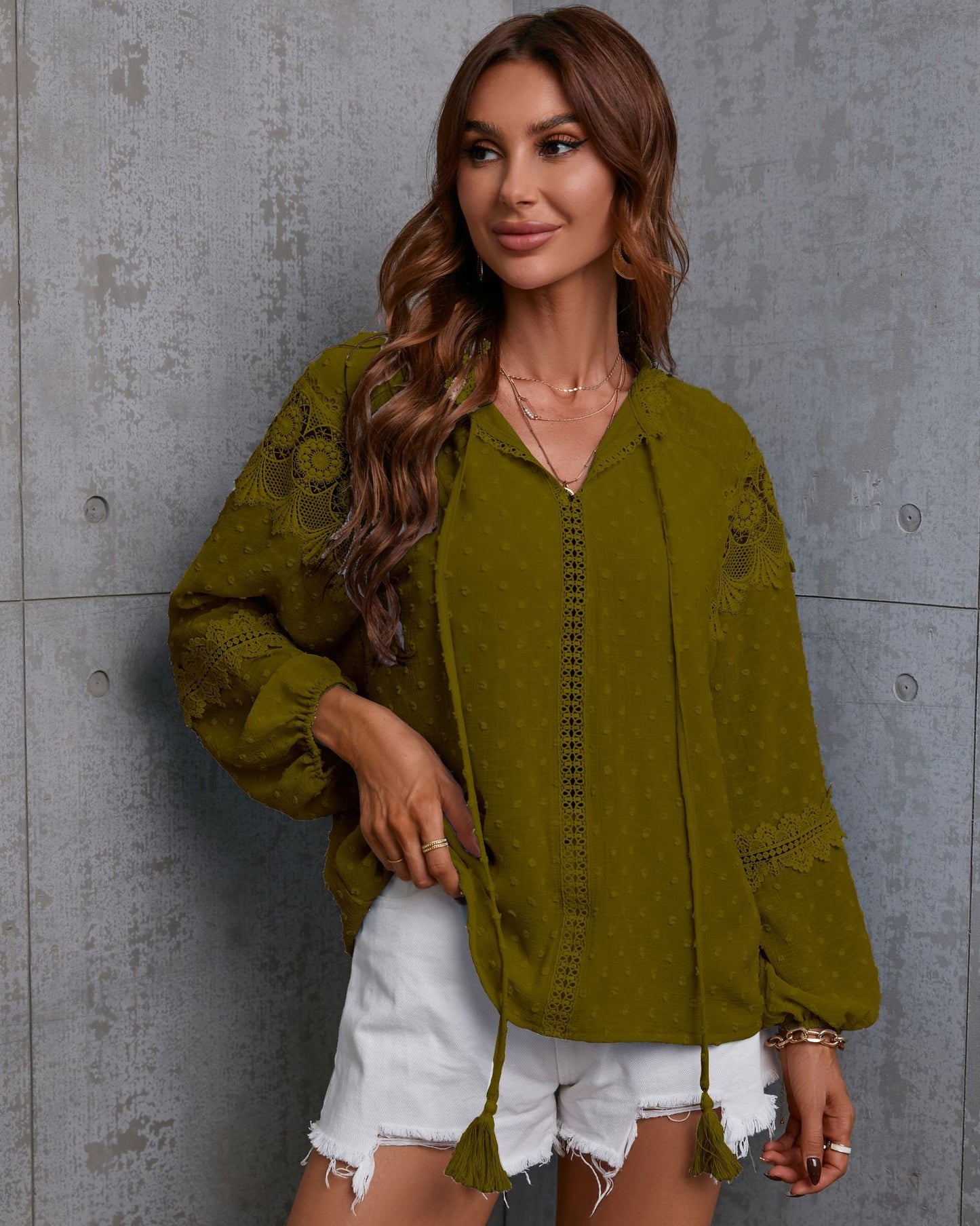 Fall Half-Open Collar Lantern Sleeve Polka Dot Chiffon Stitching Lace Shirt Loose Casual Women Clothing