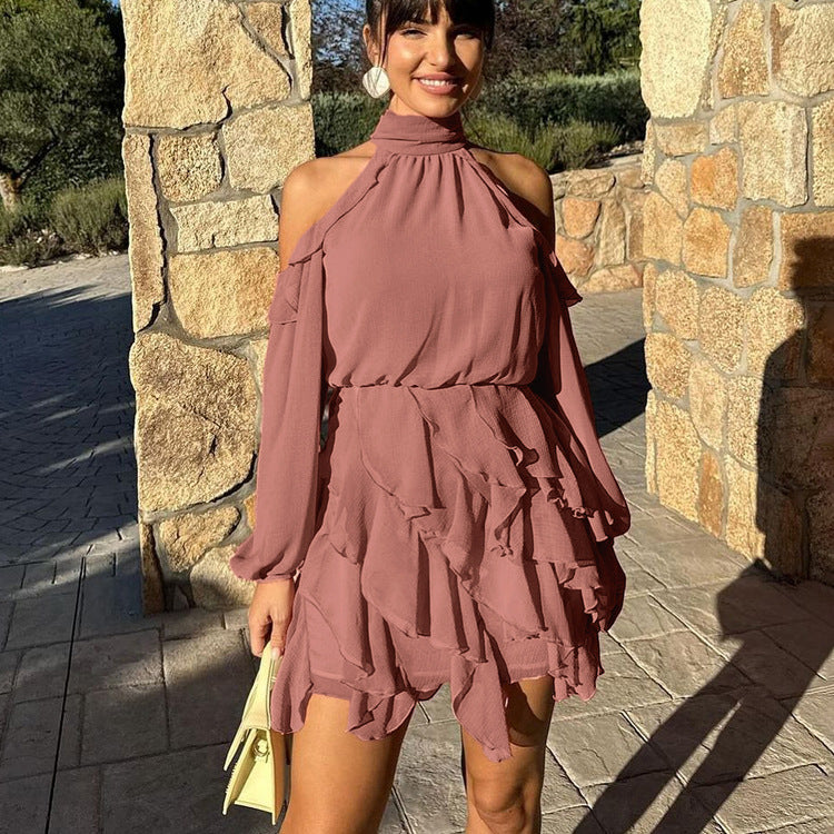 Elegant Chiffon Dress Women Halter Off the Shoulder Long Sleeve High Waist A line Dress