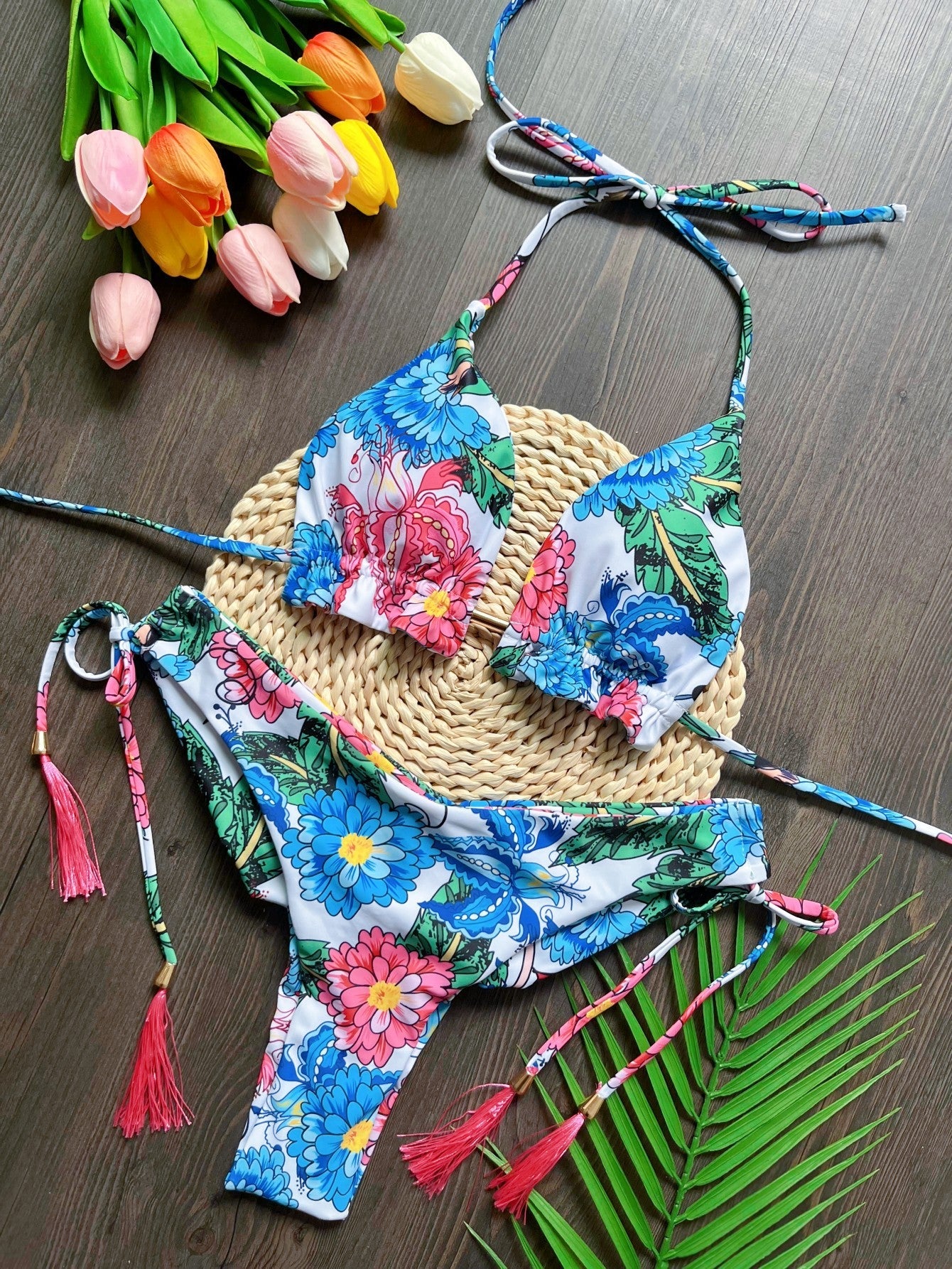 Printed Split Bikini Swimsuit Sexy Braid Rope Triangle Women Swimsuit Swimming Set