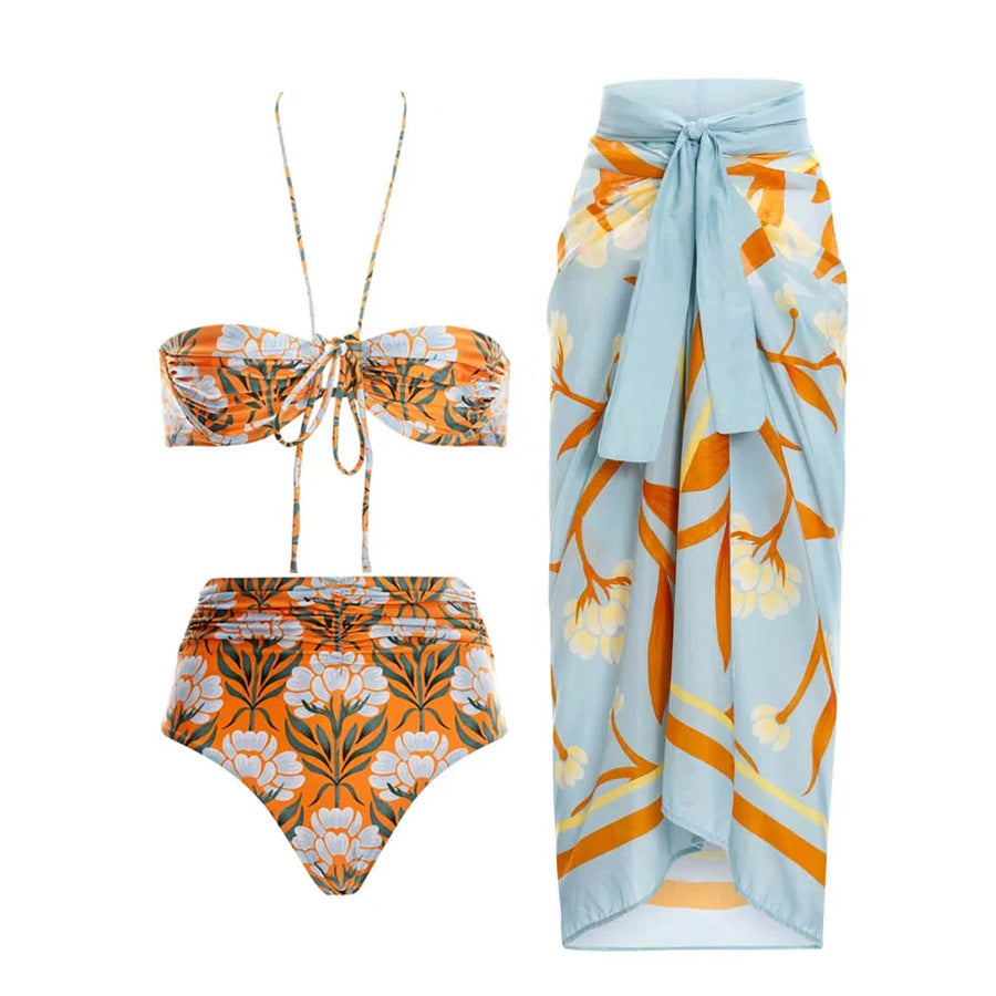 Split Swimsuit Women Skinny Slimming Retro Tied Swimsuit Set Chiffon Dress