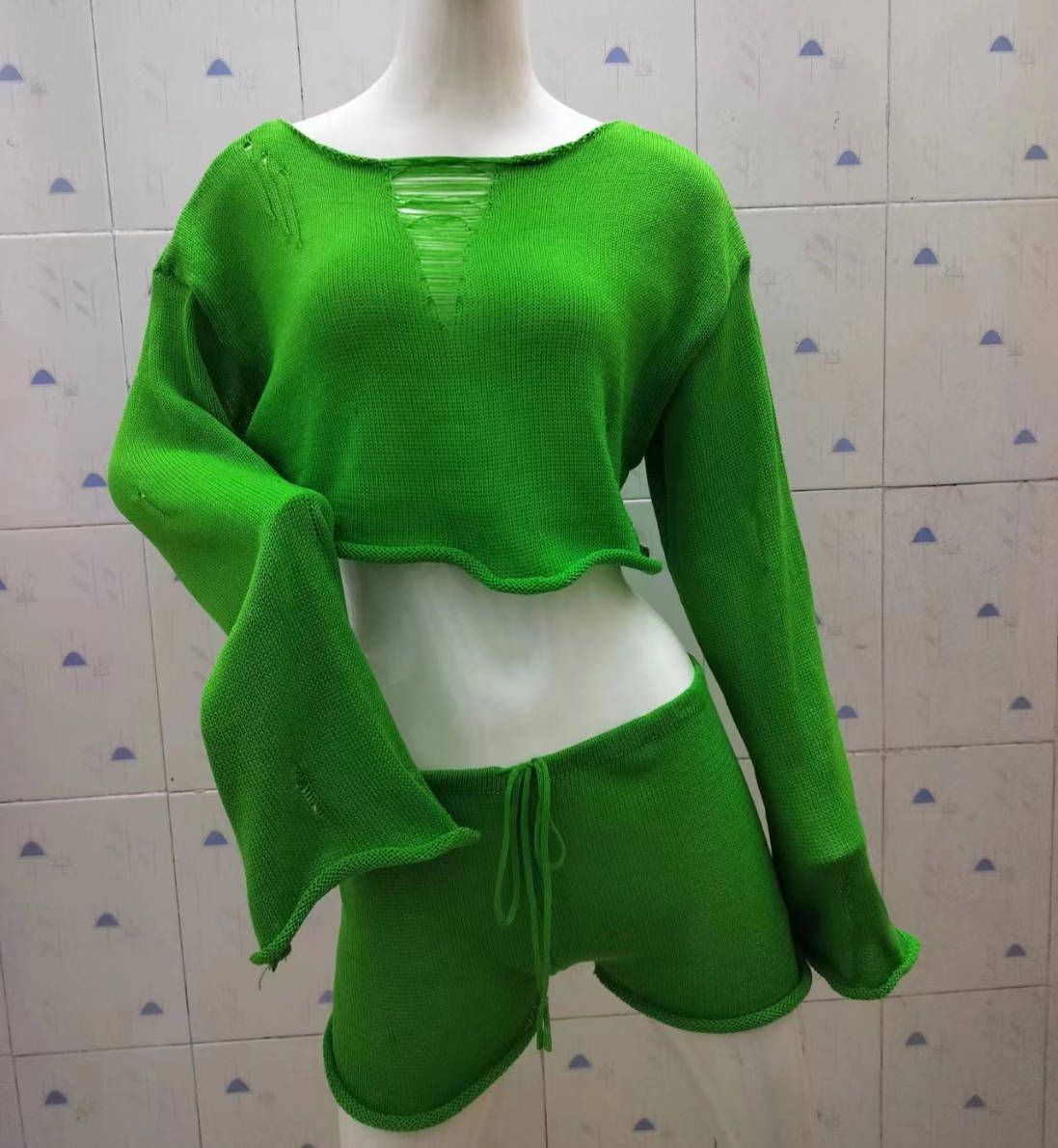 Knitted Two Piece Women Spring Summer Seaside Vacation Sun Protection Short Top Sexy Shorts Suit
