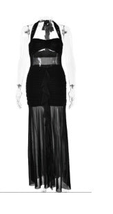 Women Clothing Solid Color Dress Sexy Halter Sleeveless Lace up Backless Dress Trendy
