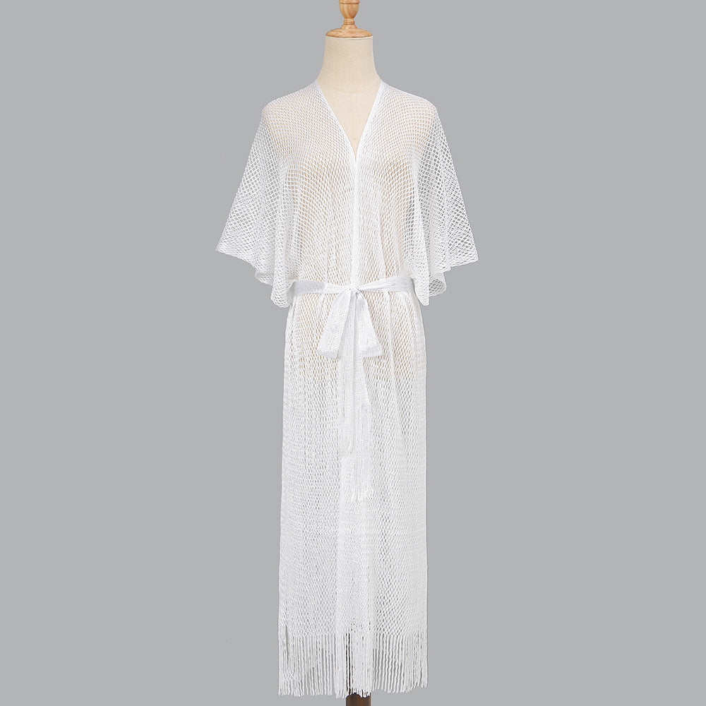 Summer Beach Sun Protection Shirt Gradient Color Lace Up Tassel Beach Cover Up Short Sleeve Knitted Long Cardigan