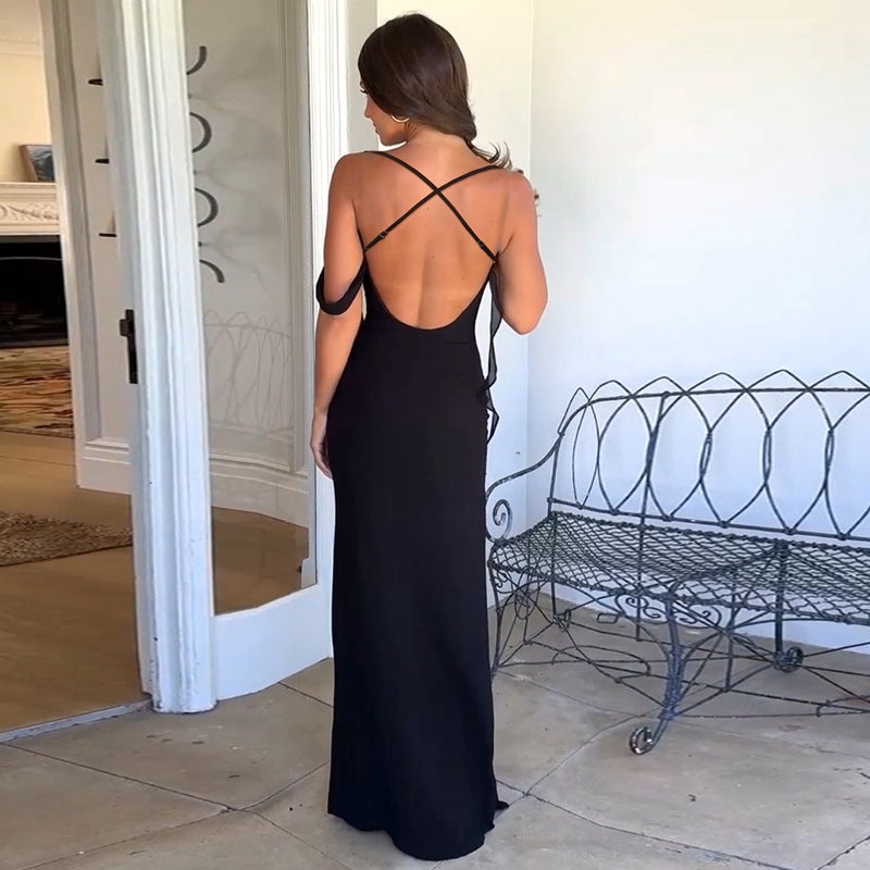 Women Clothing Summer French Sexy Low Cut Solid Color Sling Backless Dress