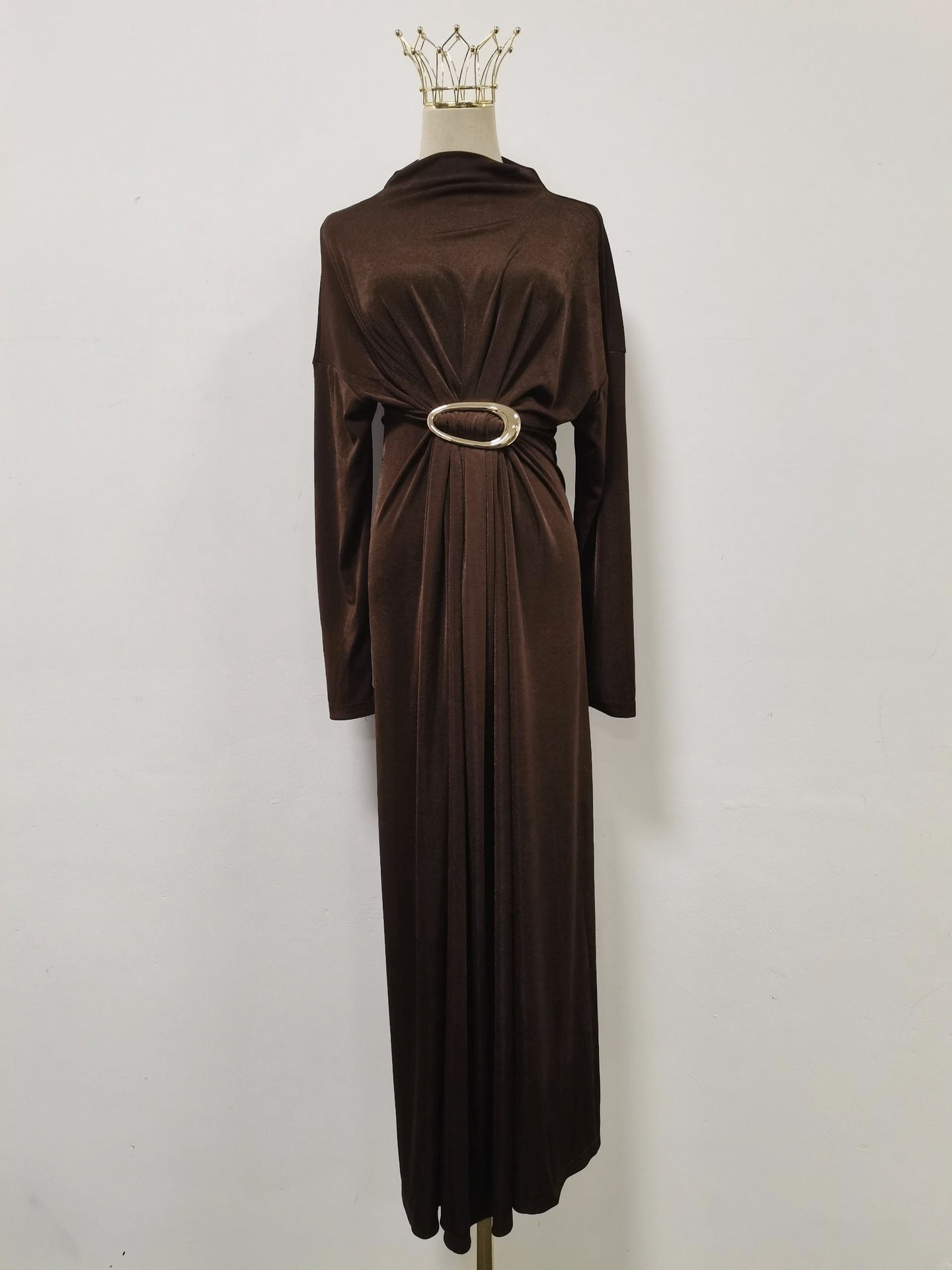 Fall Retro Metal Decorative Waist Slimming Half Turtleneck High Waist Maxi Dress for Women