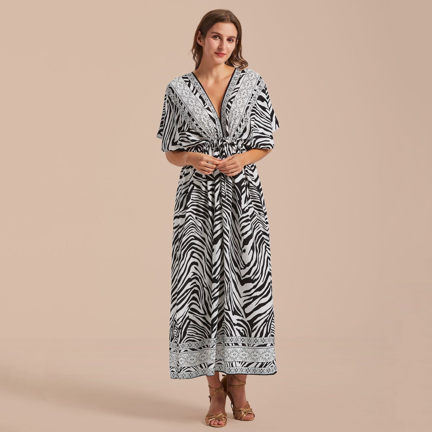 Printed Front Back V neck Pull Belt Holiday Casual Beach Bikini Cover