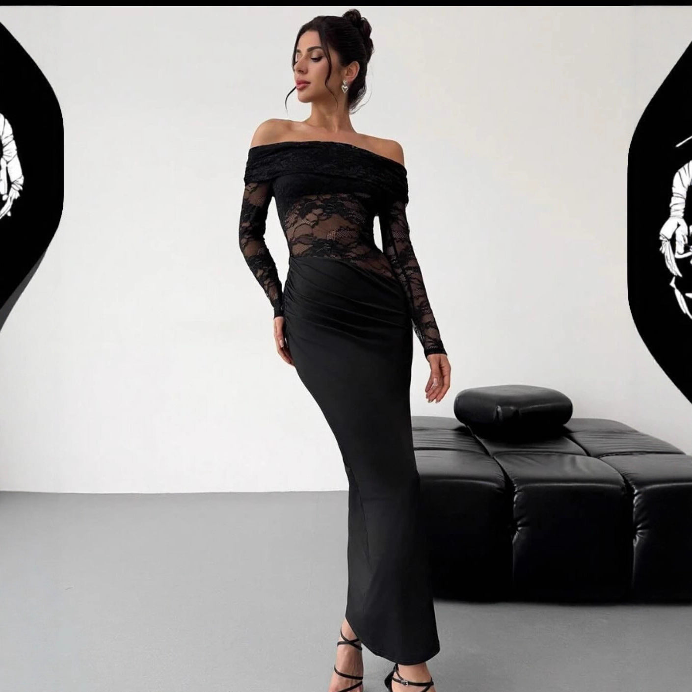 Hollow Out Cutout out Summer off-Shoulder Lace Maxi Dress Long Sleeve High Grade Sexy Sheath Dress Women Clothing