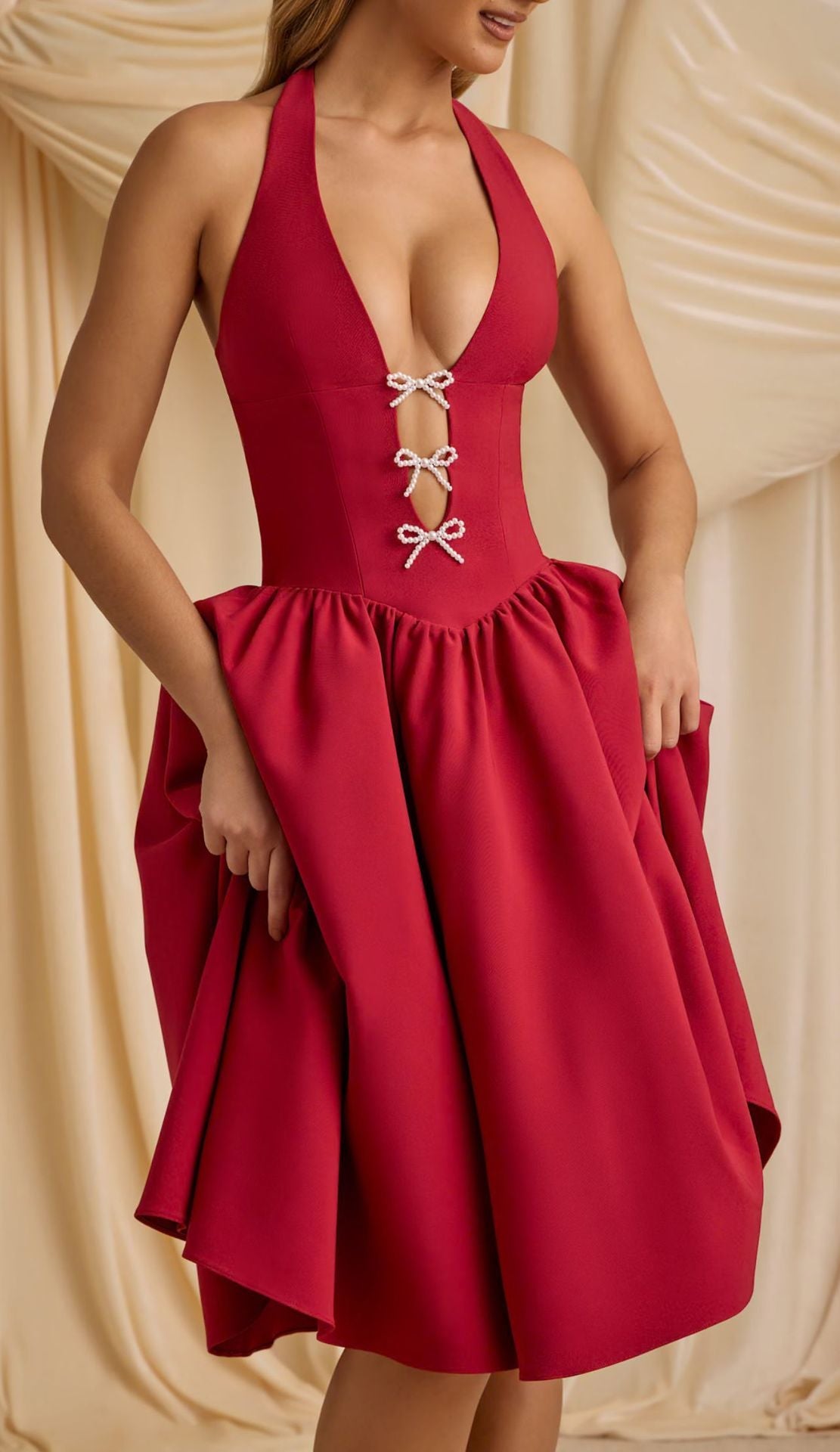 Spring Summer Halter Bow Deep V Plunge neck Backless Sexy Tulle Tutu Dress