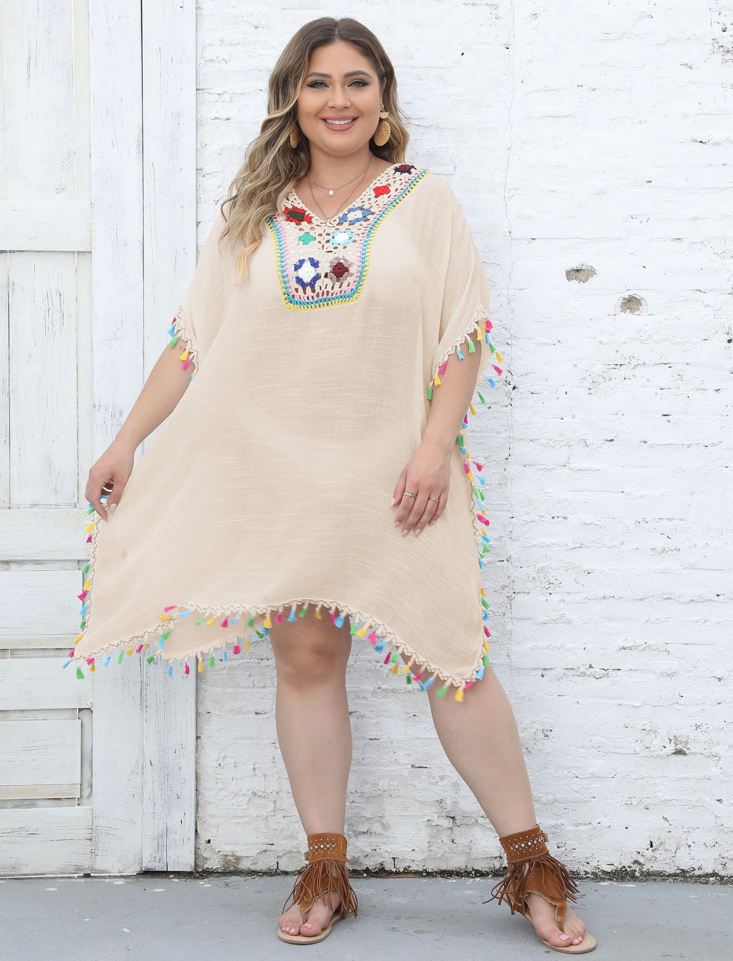 Beach Dress for Ladies Vacation Sun Protection Crochet Stitching Dress Split V neck Blouse