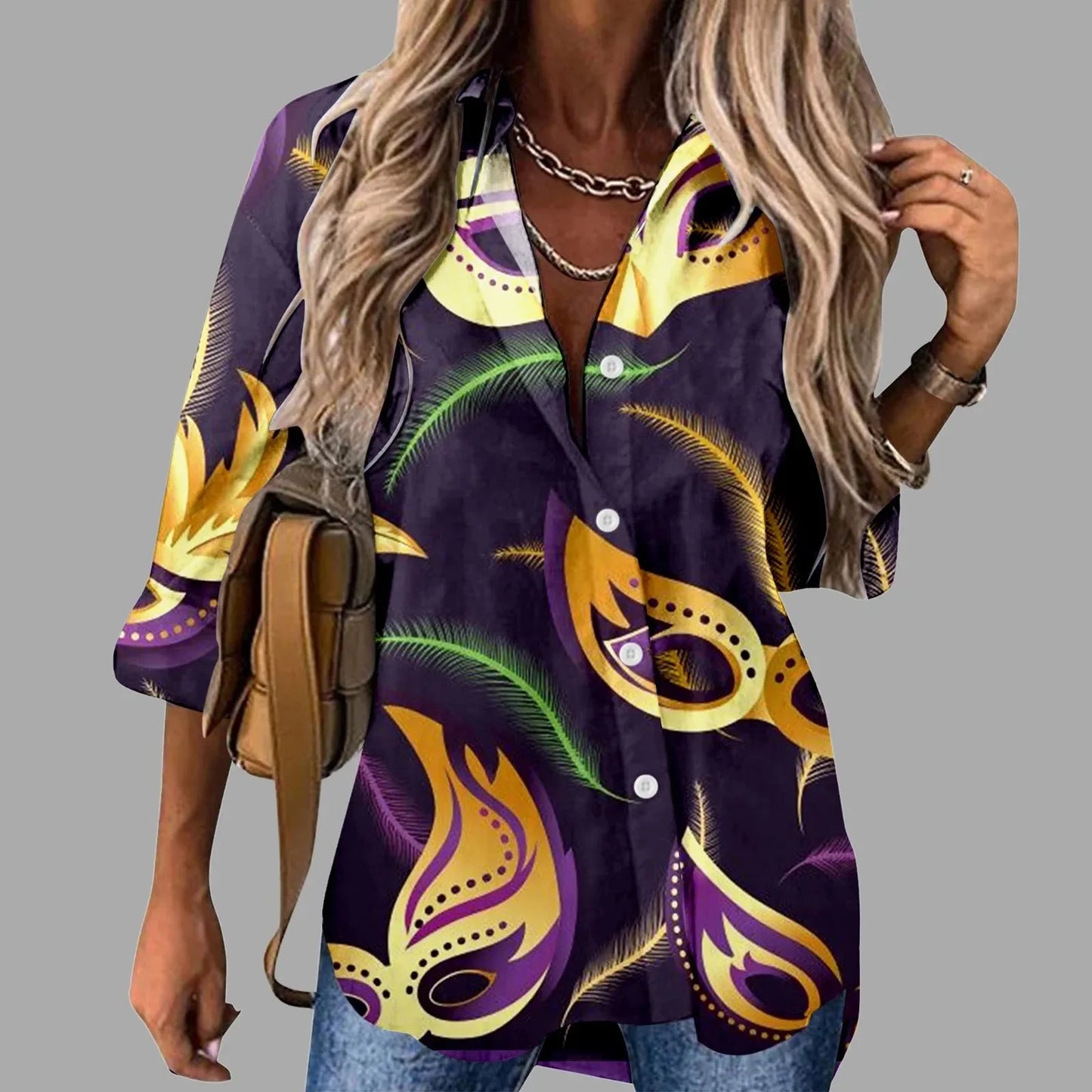 π Mardi Gras Women's V-Neck Long Sleeve Carnival Print Shirt