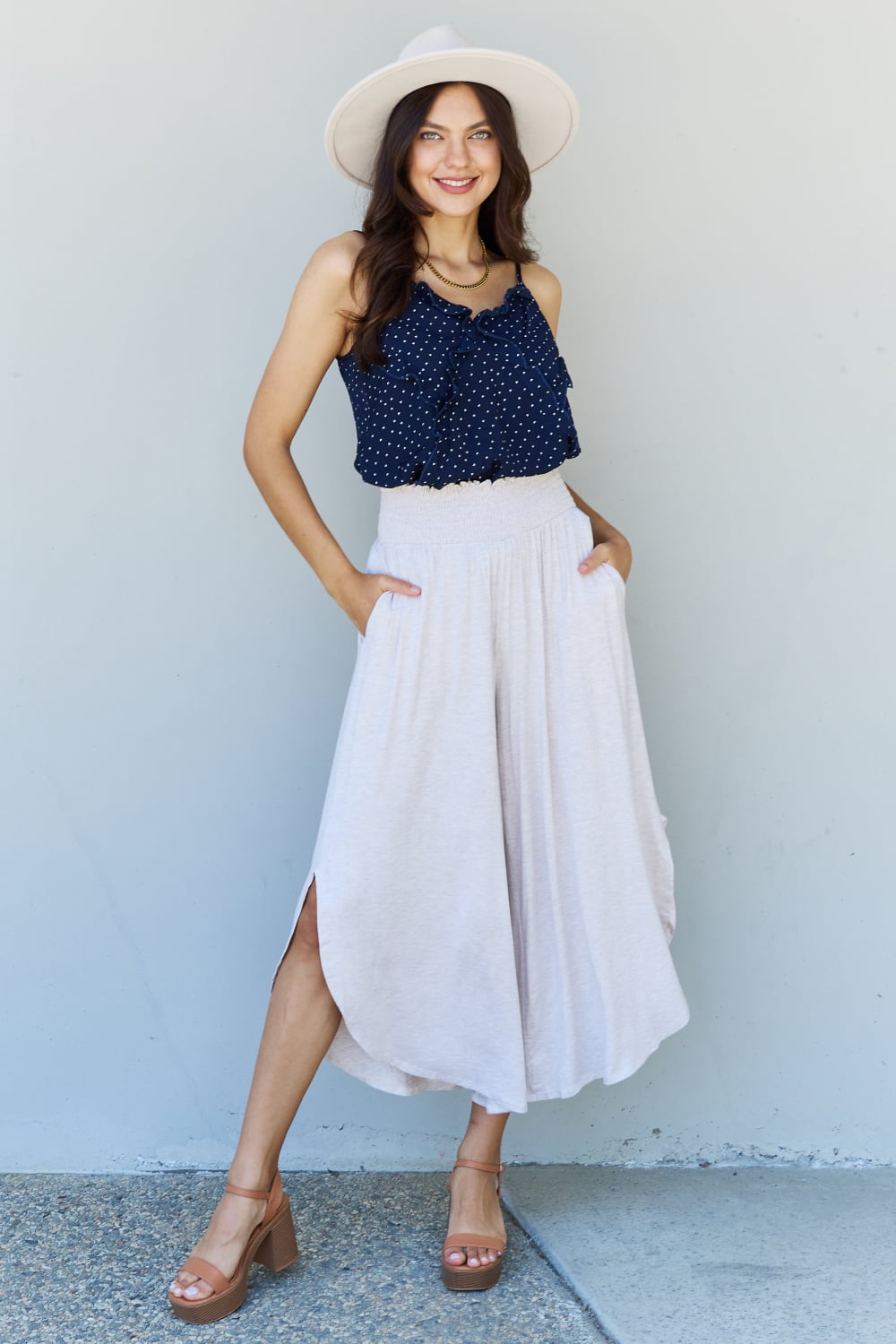 ODDI Full Size Wide Leg Palazzo Pants in Oatmeal