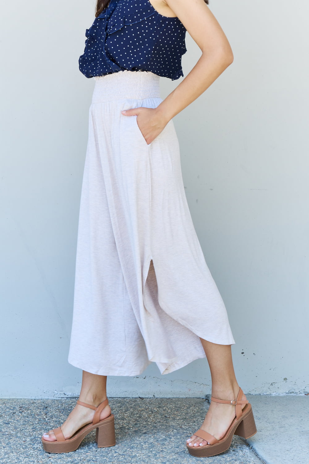 ODDI Full Size Wide Leg Palazzo Pants in Oatmeal