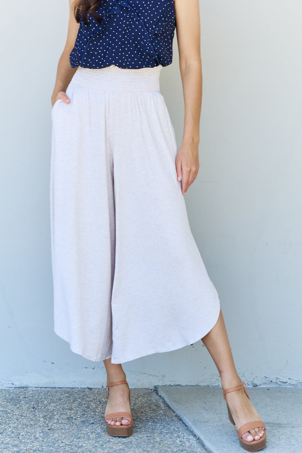 ODDI Full Size Wide Leg Palazzo Pants in Oatmeal