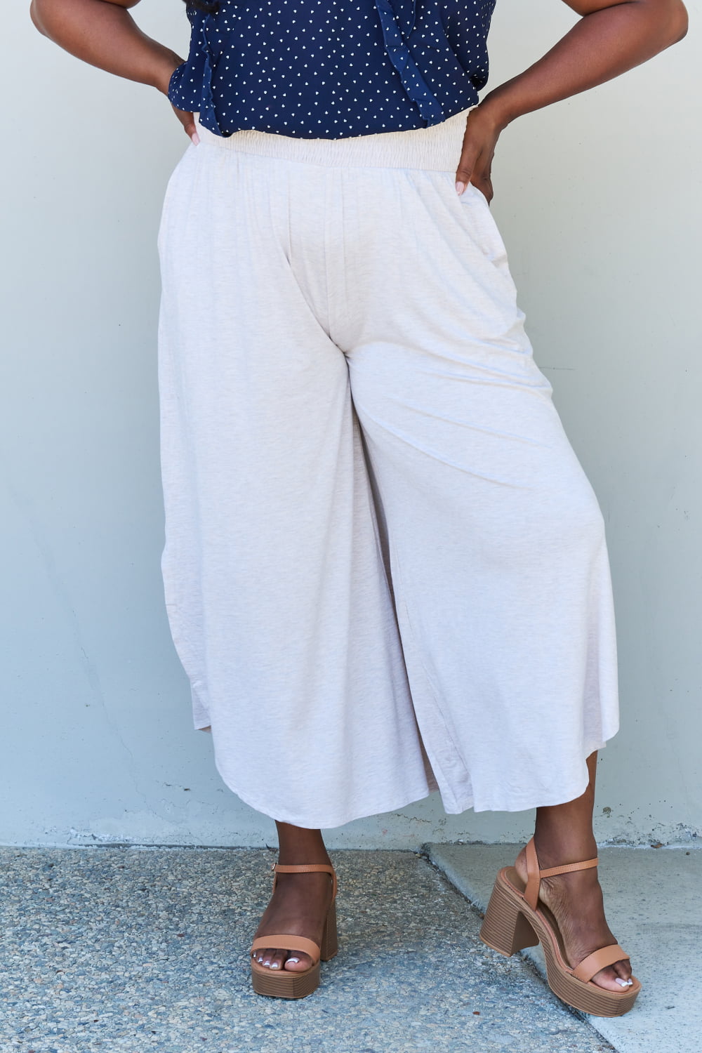 ODDI Full Size Wide Leg Palazzo Pants in Oatmeal