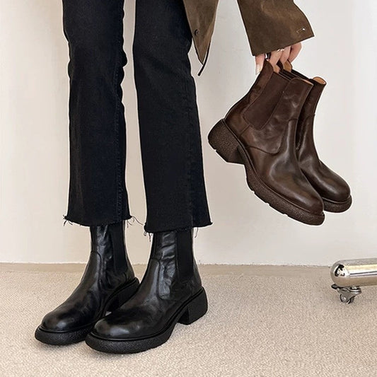 Women’s British-Style Chunky Heel Ankle Boots – Dr. Style Leather Booties for Fall & Winter
