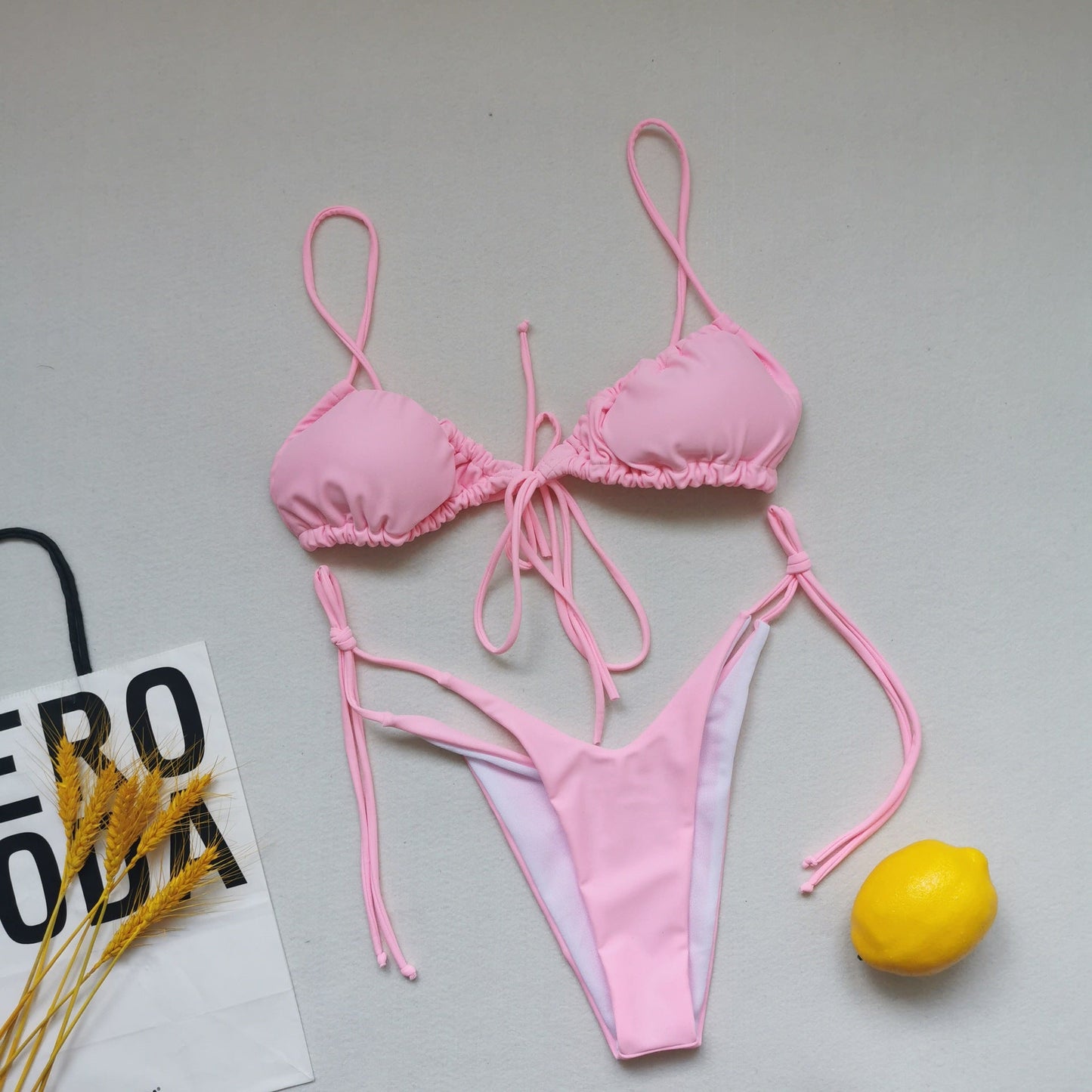 Sling Bandage Swimsuit Women Pleated Push up Drawstring Sexy Solid Color Bikini Swimsuit