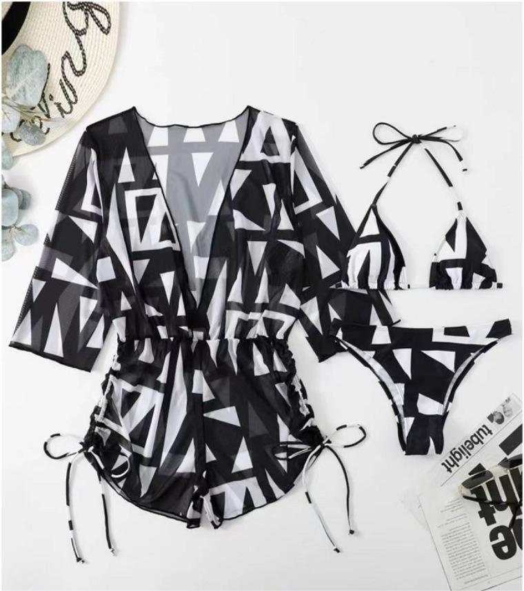 Three Piece Bikini Leaves Printed Waist-Controlled Lace Up Long Sleeve Beach Anti Swimsuit