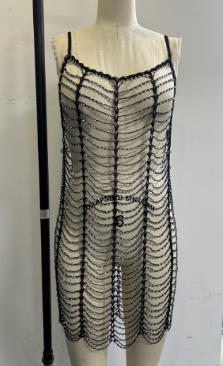 【MOQ-5 packs】 Bikini Cover Seaside Sexy Vacation Handmade Beaded Lace Hollow Out Cutout out See through Cami Dress