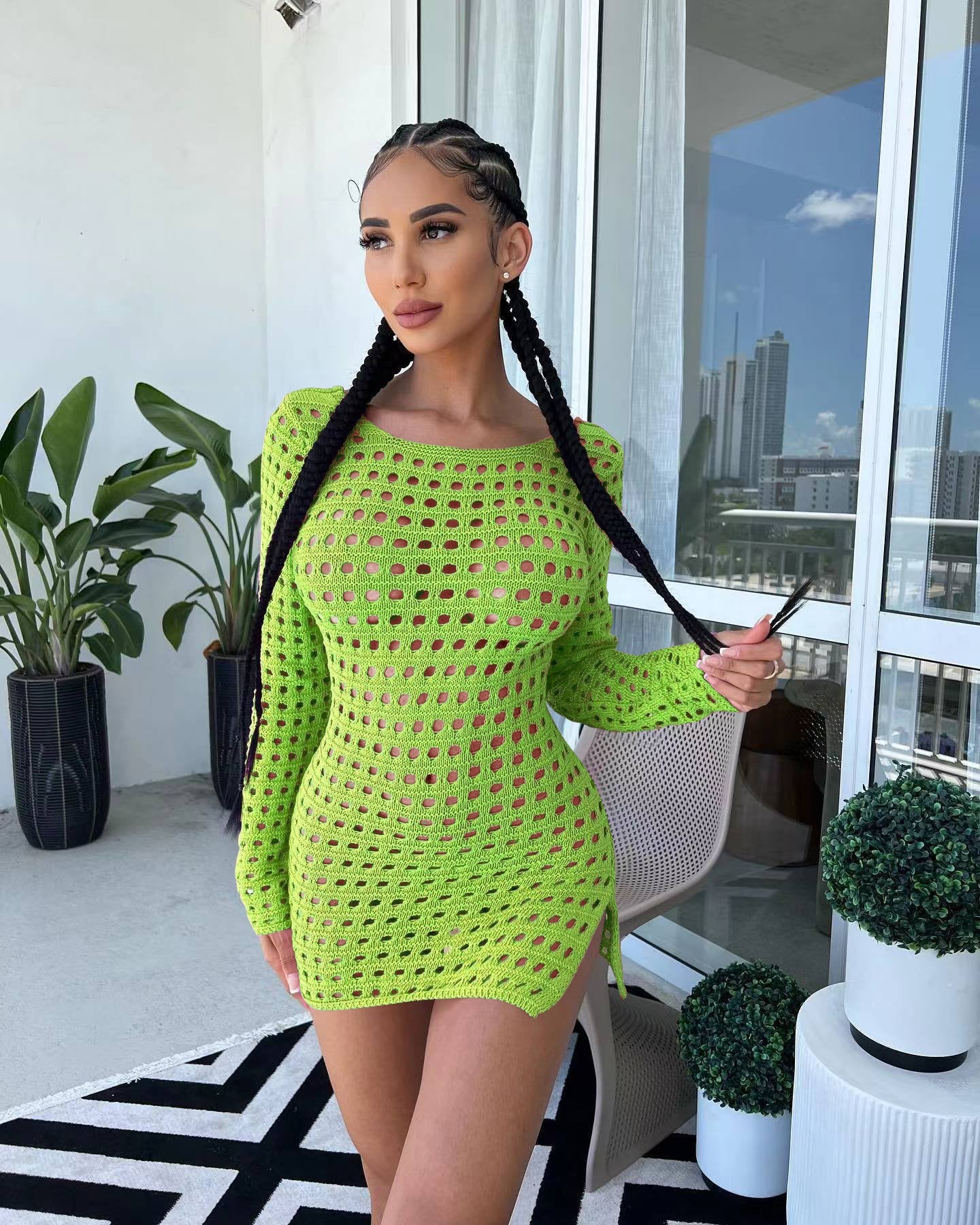 Women Clothing Sexy Hollow Out Cutout Ice Silk Dress Women Clothing