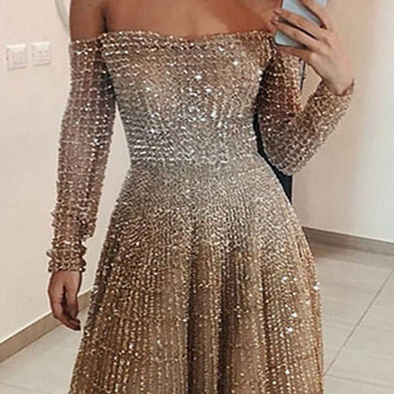 Long Autumn Winter Shiny off Shoulder Long Sleeve Tube Top Dress