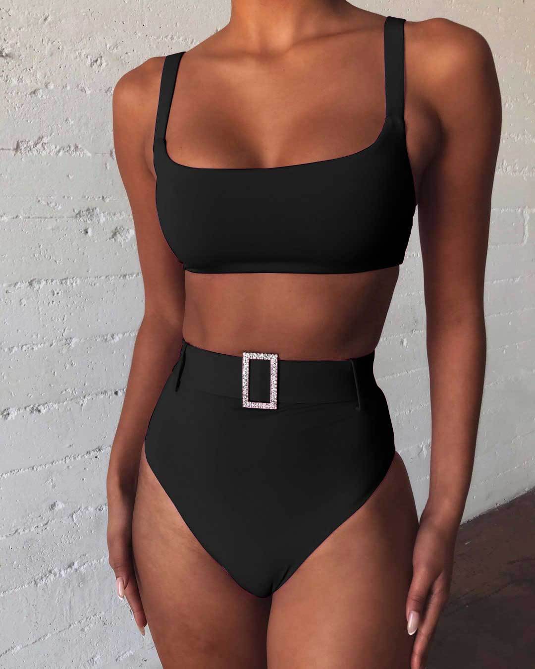 Solid Color High Waist Sexy Imitation Diamond Bikini Split Swimsuit Swimwear