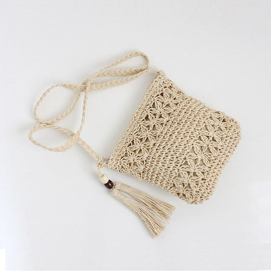 Wooden Bead Tassel Straw Bag Hollow Out Cutout Floral Crossbody Bag Tassel Straw Bag Woven Bag Holiday Beach Bag