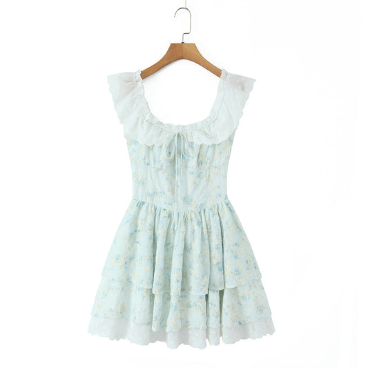 Slim Fit Big U Neck Lace Crochet Embroidery Printed Waist-Controlled Sleeveless Doll Dress