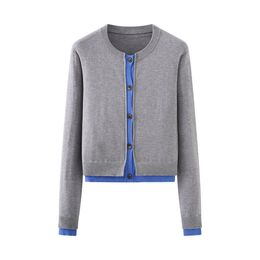 Autumn Placket Color Contrast Patchwork round Neck Long Sleeve Knitted Coat