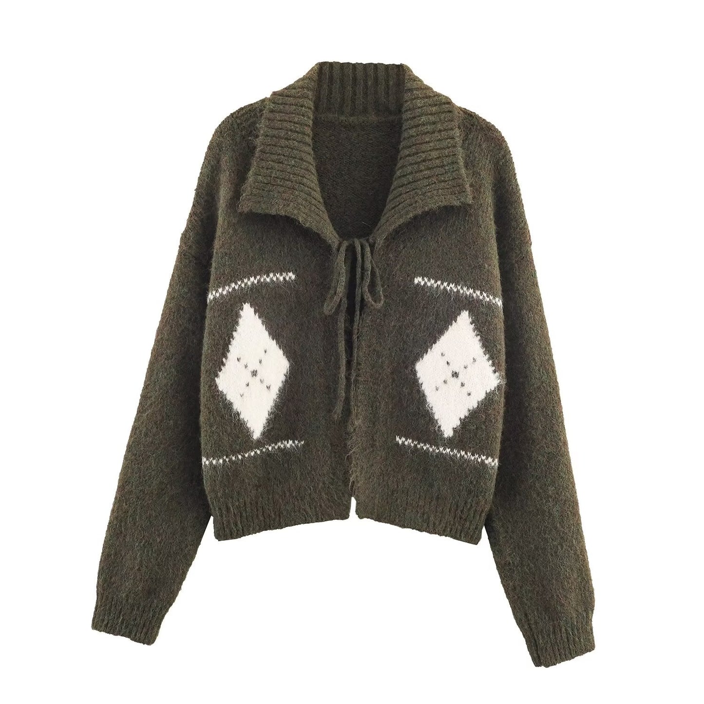 Idle Retro Lapels Jacquard Lace up Knitted Cardigan Autumn Loose Slimming Sweater Coat for Women