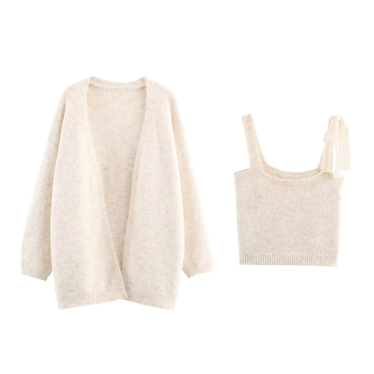 Women Lace Collared Blouse Shoulder Strap Two Piece Knitted Cardigan Set