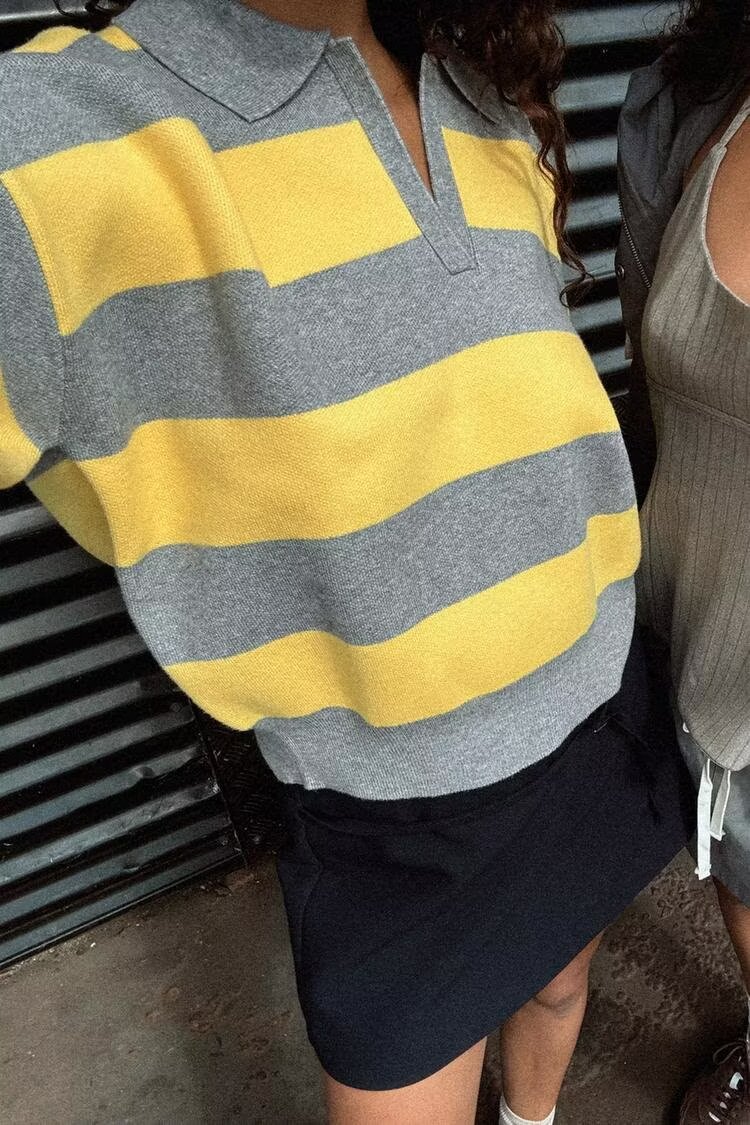 Contrast Color Striped Loose Slimming Shirt Collar Sweater Pullover Sweater
