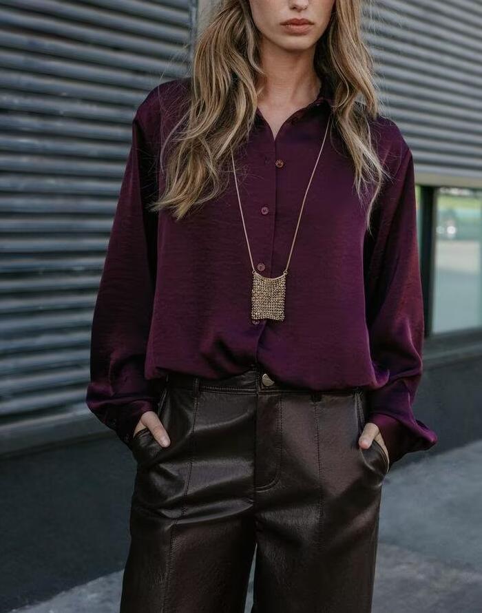 Women Clothing Autumn Retro Easy Matching Wine Red Satin Short Shirt