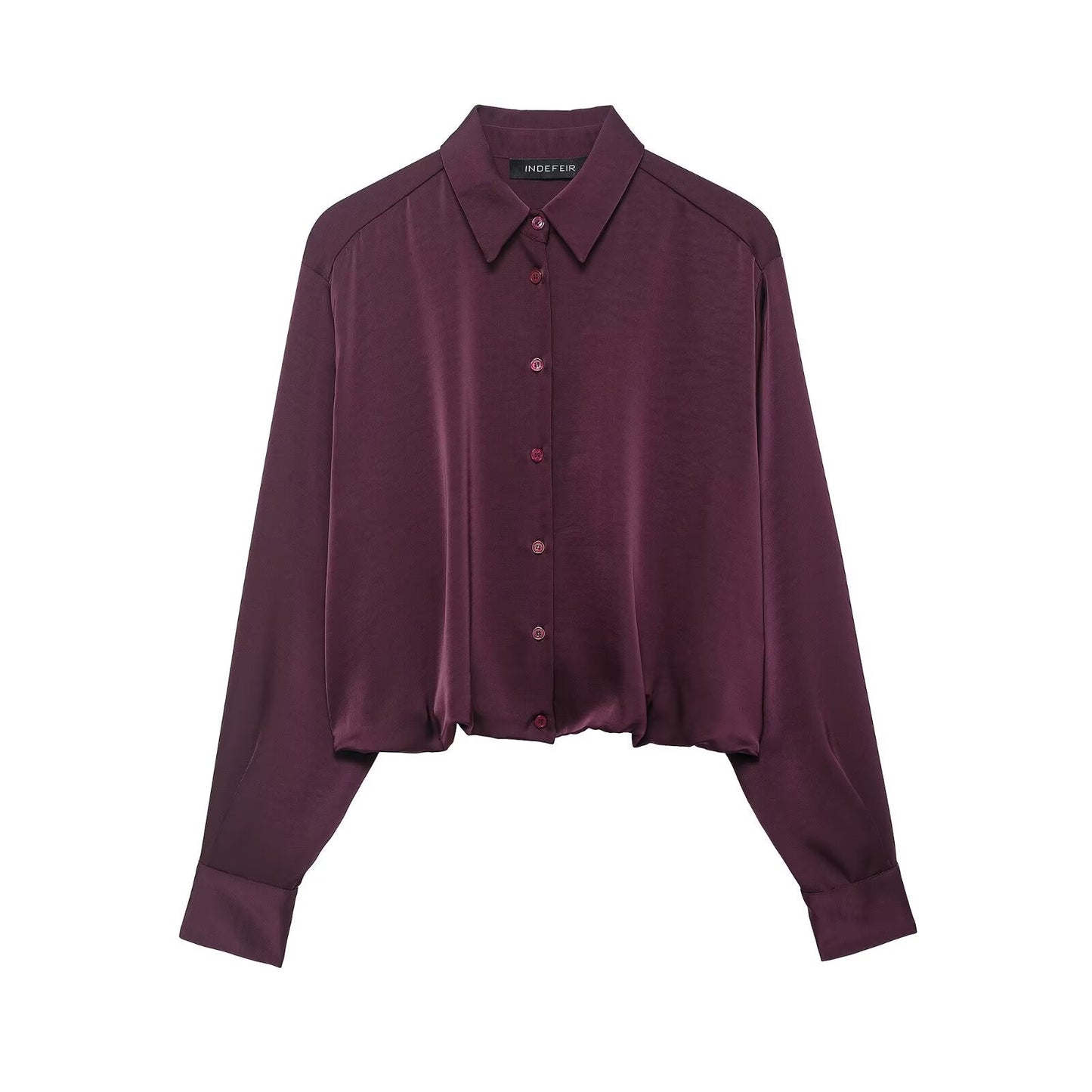 Women Clothing Autumn Retro Easy Matching Wine Red Satin Short Shirt