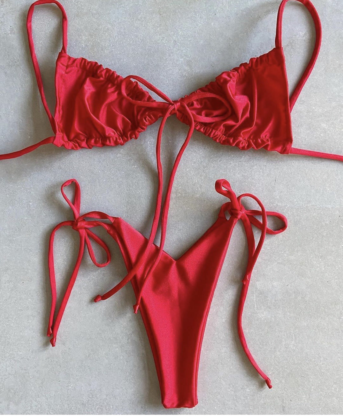 Popular Split Bikini Swimsuit Solid Color Women Bikini Tied Swimsuit