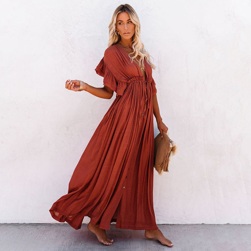 Single Breasted Waist Pull-Belt Beach Cover-up Sexy Backless Holiday Skirt Bikini Swimsuit Blouse