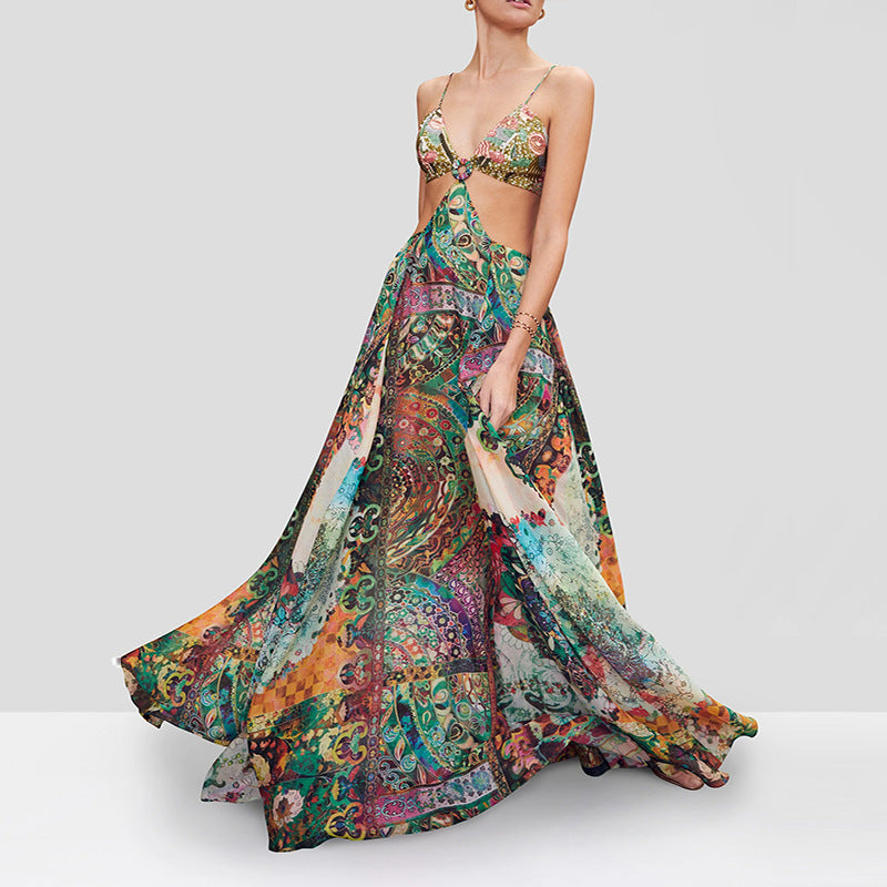 Maxi Dress Slimming Tall Women Printed Chest Front Garden Buckle Printing Dress