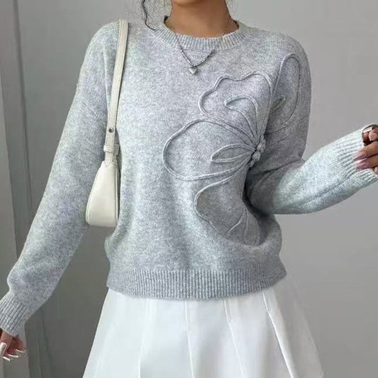 Women's Elegant Floral Sweater - Crew Neck Long Sleeve Casual Pullover