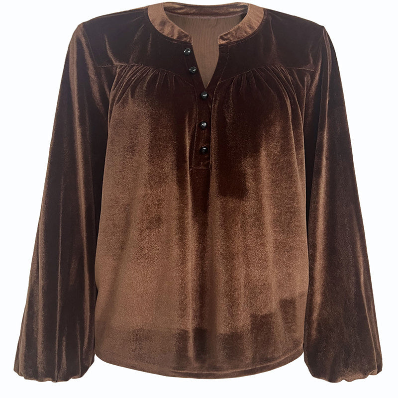 Women's Solid Color V-Neck Button Detail Long Sleeve Pullover