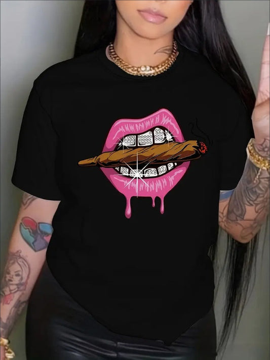 Women’s Lips Print Crew-Neck Tee