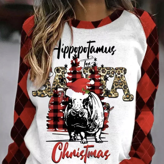 Women’s Hippopotamus Christmas Leopard-Plaid Hoodie