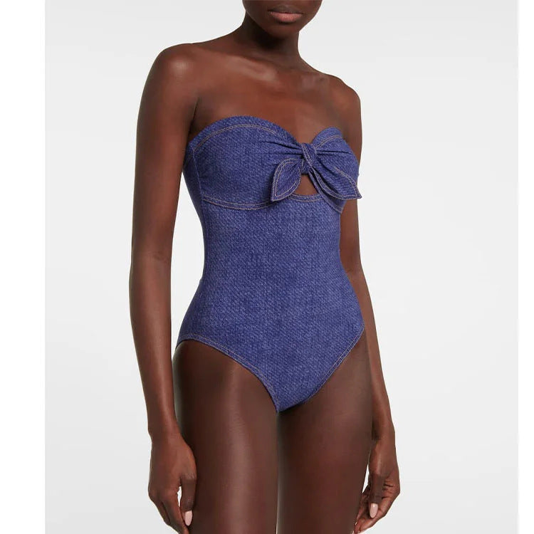 【MOQ-5 packs】 Cowboy Siamese Women Swimsuit European French Retro Cover Belly Slimming Swimsuit Vacation Beach Dress