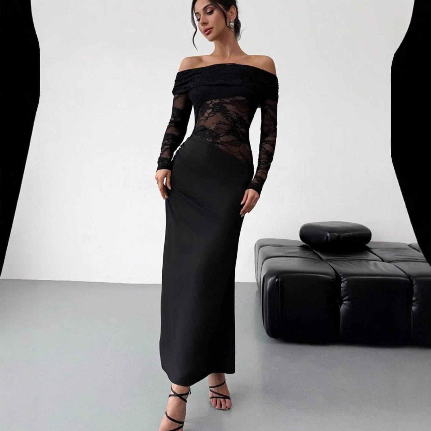 Hollow Out Cutout out Summer off-Shoulder Lace Maxi Dress Long Sleeve High Grade Sexy Sheath Dress Women Clothing