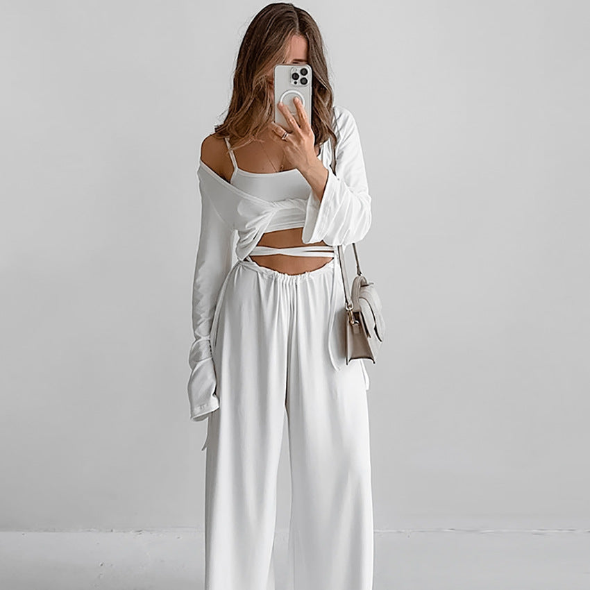 Suspender Top Trousers Long Sleeve Three Piece Set Comfortable Pajamas Autumn Knit Casual Homewear
