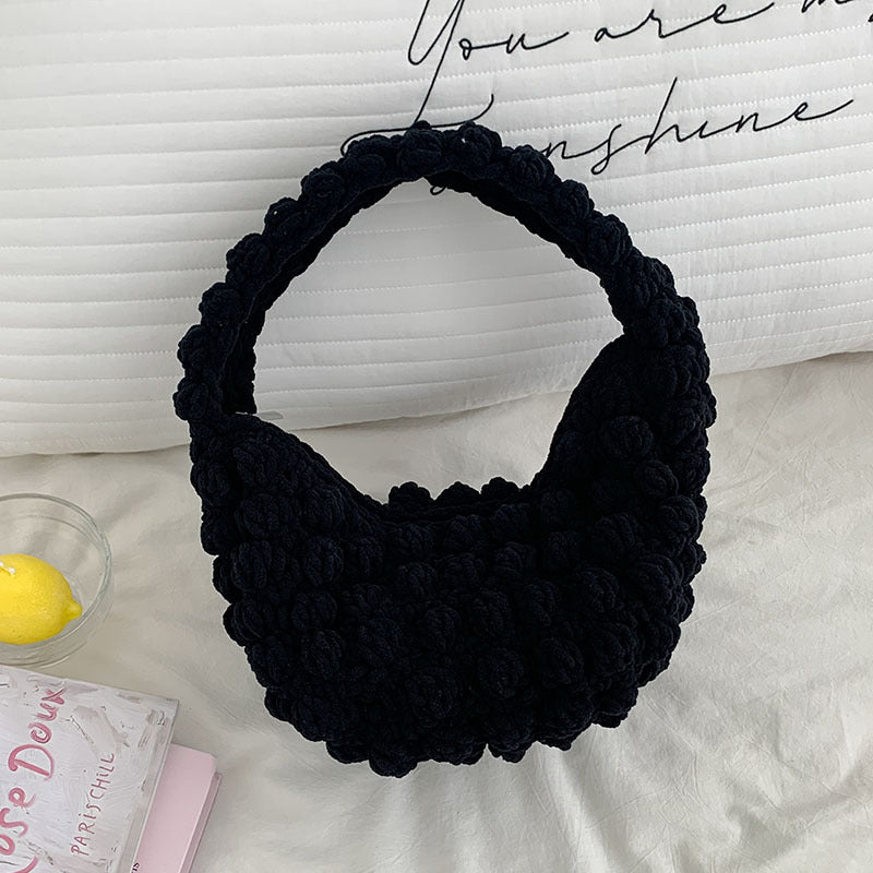 Cute Portable Beanie Straw Bag Handmade Crocheted Solid Color Hand Carrying Woven Bag Women Seaside Vacation Beach Bag
