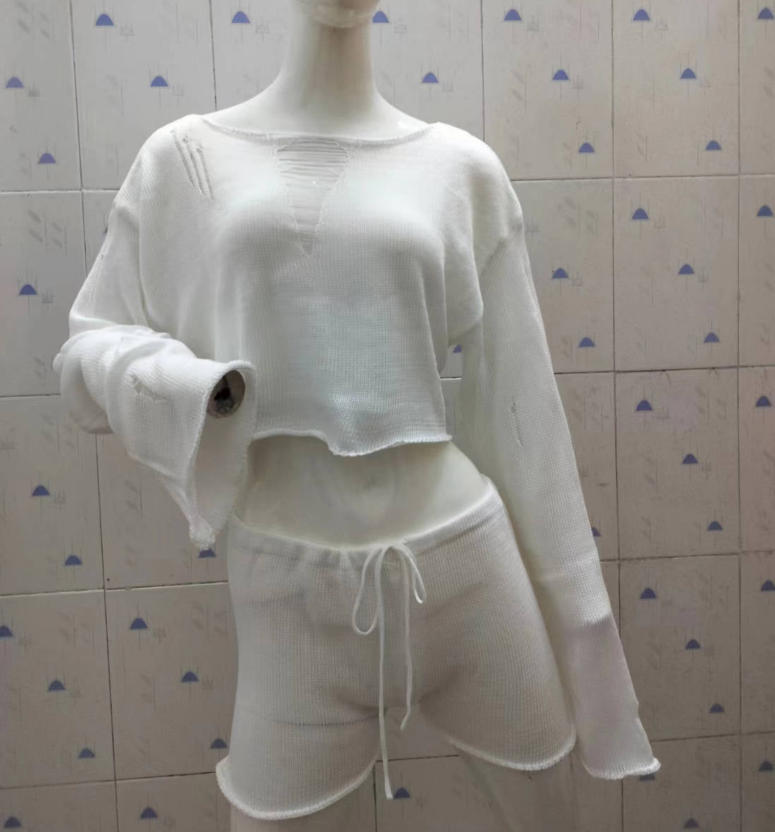 Knitted Two Piece Women Spring Summer Seaside Vacation Sun Protection Short Top Sexy Shorts Suit
