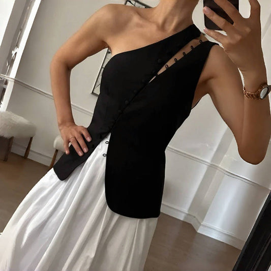 Women Clothing Summer Diagonal Collar Hooks Sexy Sleeveless Vest