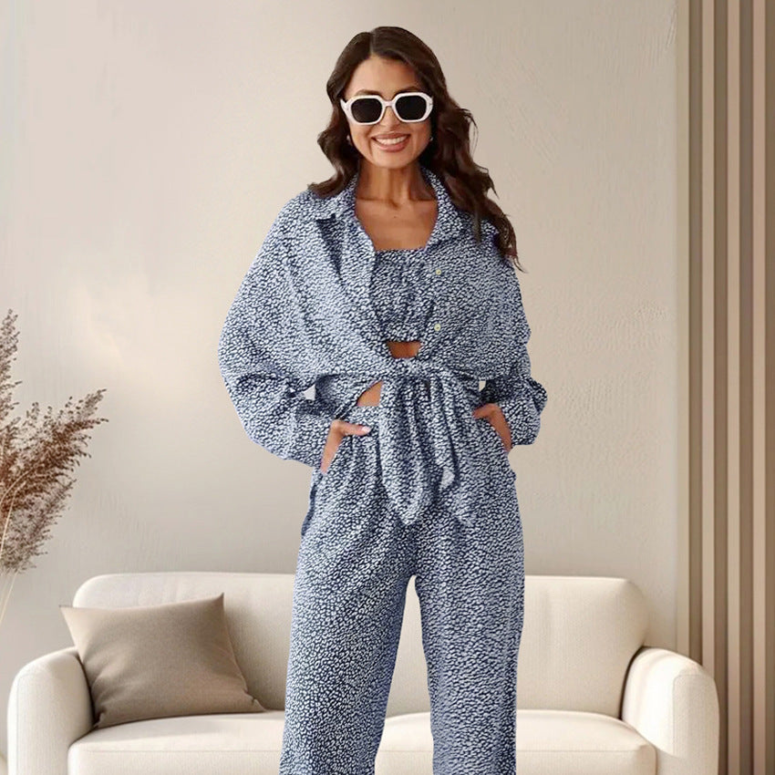 Autumn Blue Color Leopard Print Pajamas Tube Top Cardigan Long Sleeve Pants Women Homewear